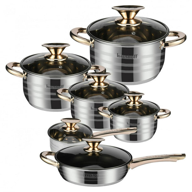 12pc Induction Non Stick Stainless Steel Cookware Kitchen Glass Lids Pot Pan Set 